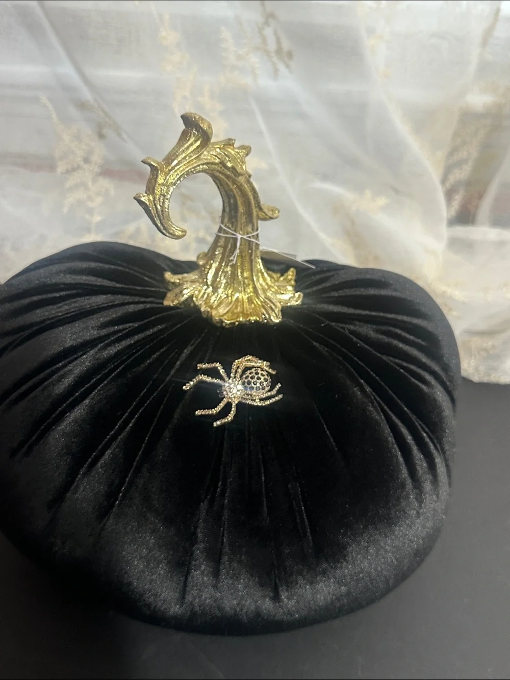 Gilded maple Halloween black velvet pumpkin with gold spider decor